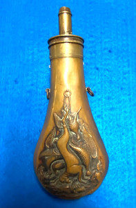 Antique 1850’s Embossed Copper Powder Flask by Frary Benham & Co.