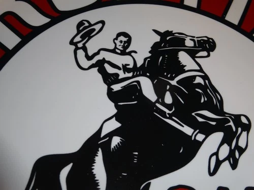VINTAGE FRONTIER GASOLINE WAINOCO OIL COWBOY+ HORSE 11 3/4" PORCELAIN METAL SIGN
