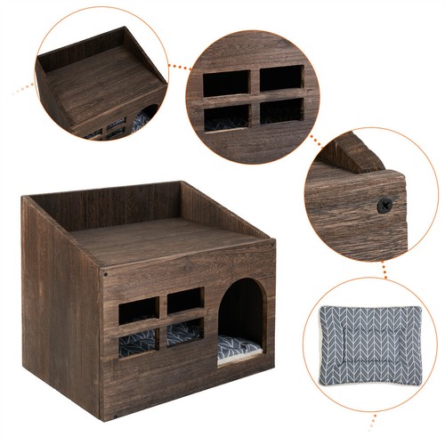 Wooden Cat House Puppy Cat Castle with Soft Cushion Indoor Kitty Corner Condo - Picture 6 of 12