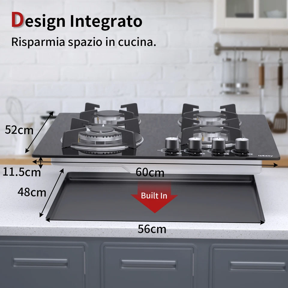 Piano Cottura 4 Fuochi a Gas 60 cm Vetro Nero Fornello da Incasso Gas naturale - Imagen 2 de 4
