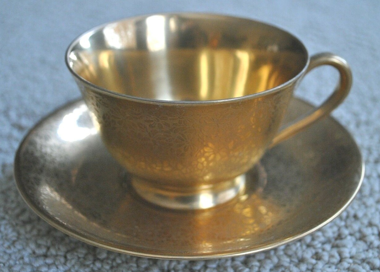 Vintage Stouffer Bavaria Gold Tea Cup & Saucer, Etched Floral Pattern