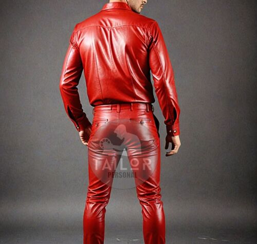 Men's Genuine Red Leather Lambskin Leather Pant And Shirt Causal Dress Set - Picture 2 of 4