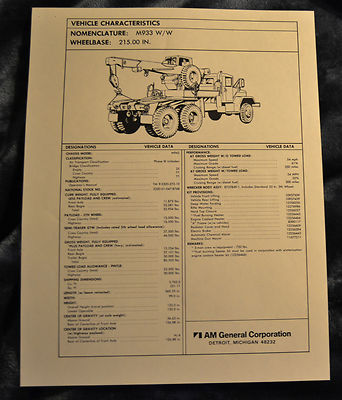 VTG AM General Tech Sheet / Mechanical Drawing M933 W/W 