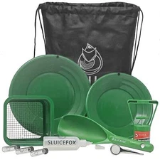 Sluice Fox backpack gold prospecting kit with classifier: Two spiral gold pans,