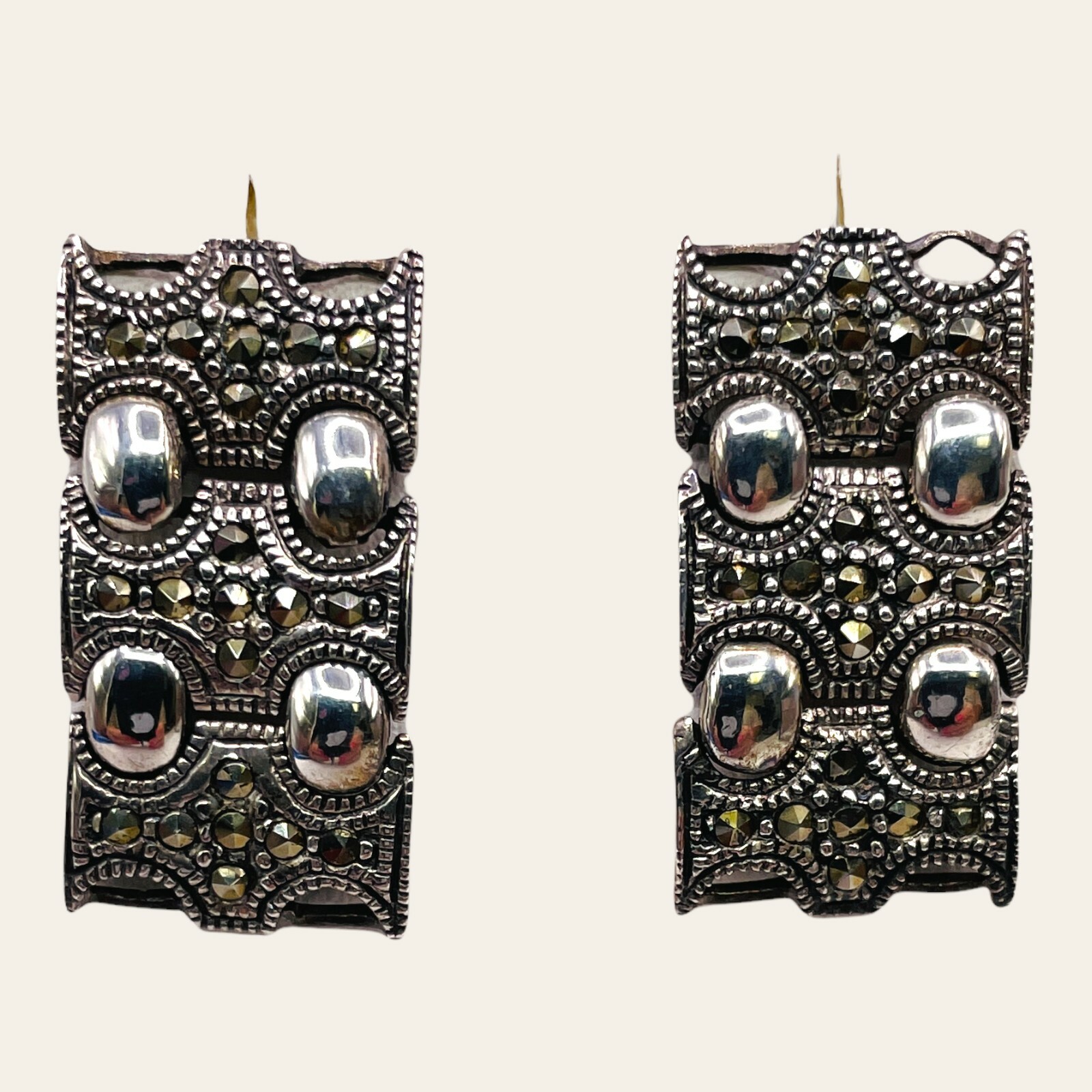 925 Sterling Silver Large Rectangular Marcasite P… - image 5