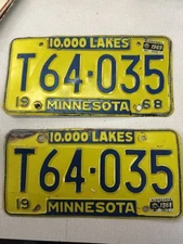 Match Number Set Pair 1968 T64035 MINNESOTA MN LICENSE PLATE TAG ORIGINAL Cond