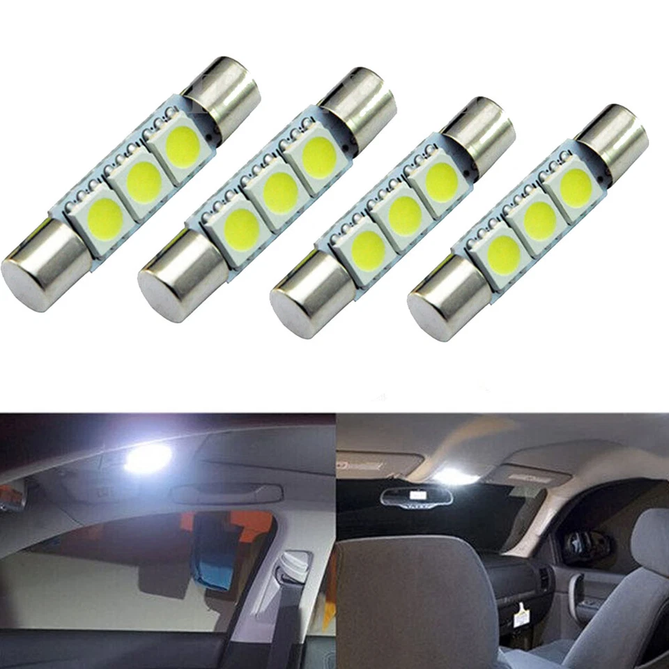 4pcs White 30mm 3SMD 5050 LED Bulb Sun Visor Vanity Mirror Fuse Lights - Image 2 of 4