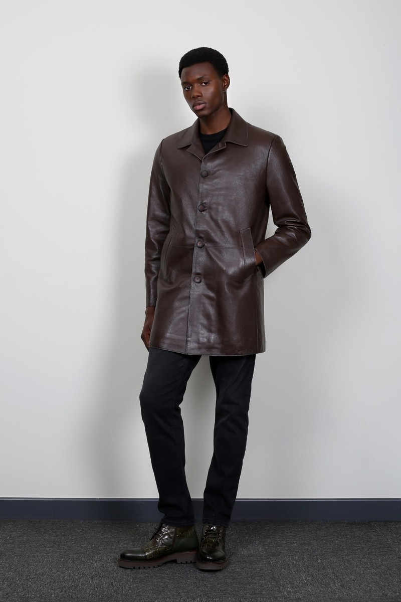 Brand New Men's Lamb Skin Leather Trench Coat Brown | eBay