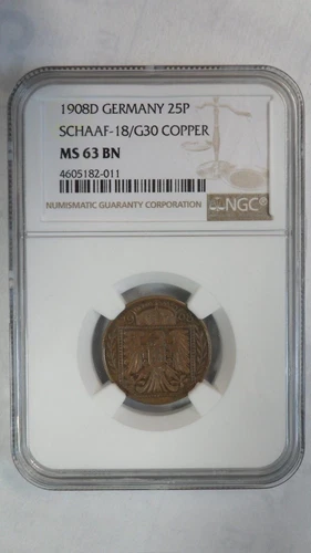Germany Empire 25 Pfennig Schaaf - 18/G30 Copper Pattern, 1908 D, NGC MS 63 BN