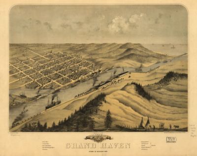 18'' x 24'' 1868 Aerial View Of Grand Haven Ottawa County Michigan