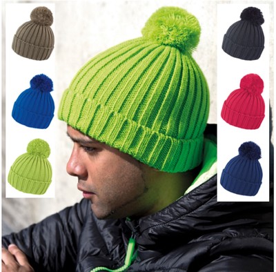 Herren Damen Unisex Warm Grob Gestrickt Pom Beanie Winter Ski Hut Mit Gekrempelt