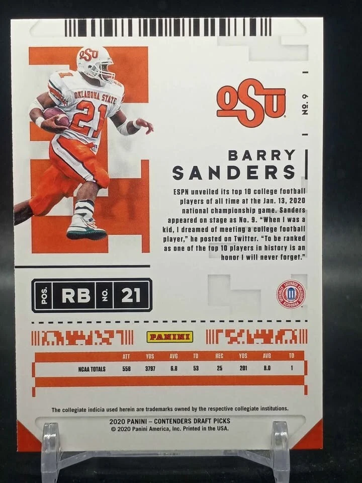 Barry Sanders 2020 Panini Contenders Draft Picks Blue Foil Oklahoma State Univer - Image 2 of 2