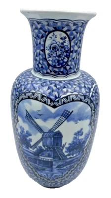 26/3 Blumenvase / Keramik / Steingut Blau-Weiß Dekor  Windmühle  Wohnen  Vintage - Bild 1 von 4