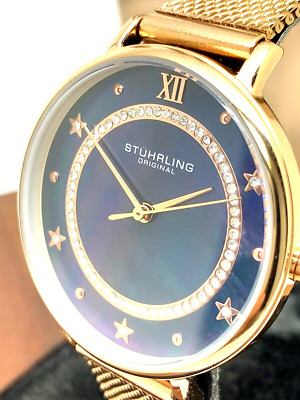 Stuhrling Women's Watch M16807 Symphony Quartz Blue Dial Rose Gold Steel 34mm