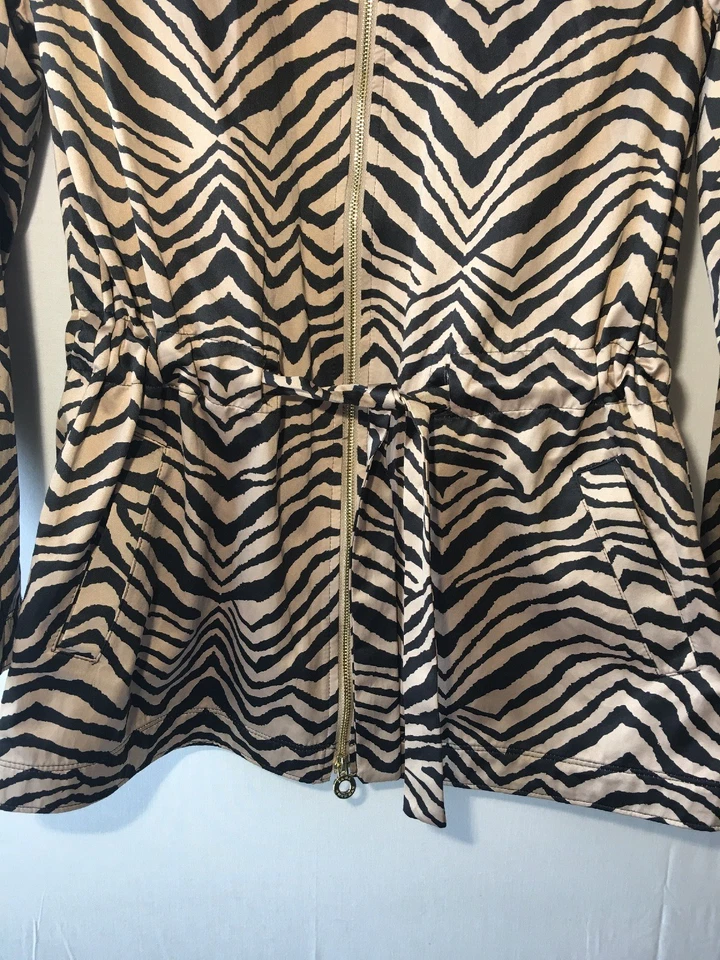 Женская куртка Dana Buchman среднего размера черная желтовато-коричневая зебра в полоску на шнурке из хлопковой смеси - Изображение 3 из 4