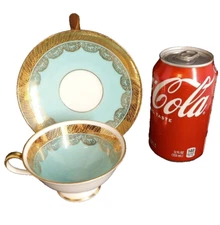 Vtg 1960 RW Bavaria Rudolph Wachter Teal, Gold, & White Teacup & Saucer Germany