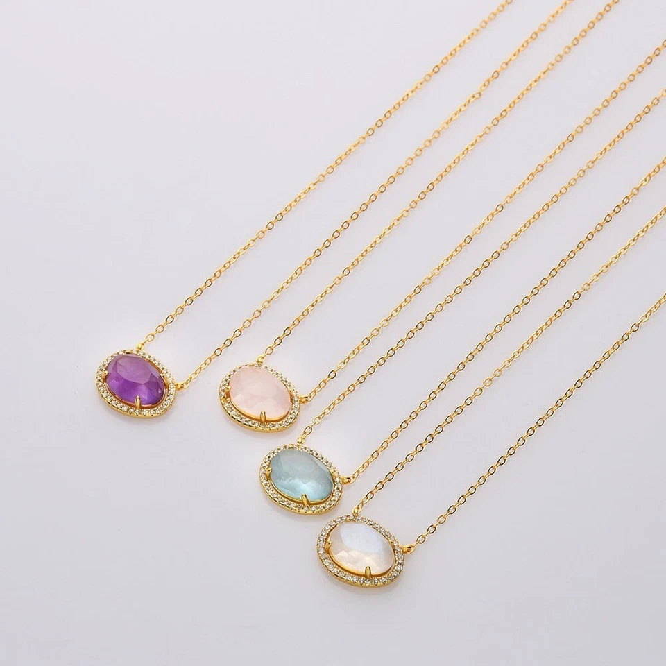 Elegante colar oval de pingente de quartzo rosa em prata esterlina 925, pingente de halo - Imagem 2 de 4