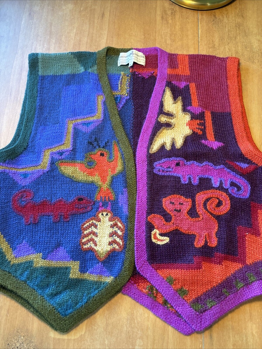 Peruvian Connection Folkloric Animals Art To Wear Sweater Vest Alpaca L VTG  D