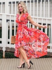 ELIZA J Orange Pink Floral Print High Low Chiffon Maxi Skirt Midi Dress 16W NWT