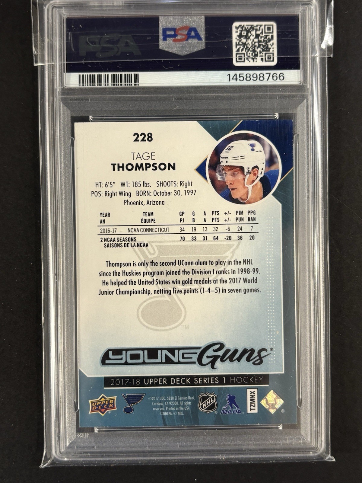 2017 Upper Deck Tage Thompson Young Guns Rookie PSA 9 view 2
