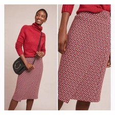 Anthropologie x Maeve Wiles Pencil Skirt Red Black Faux Wrap Midi Size Small