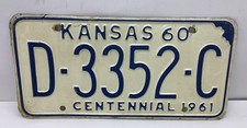 1960 Kansas Dealer License Plate Number ‘’D-3352-C’’ Centennial 1961…..[LP3]