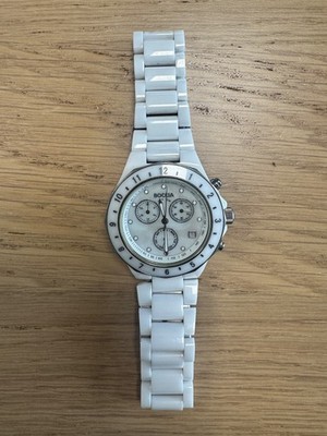 Boccia Titanium Keramik Uhr Weiss Chronograph Damen/Herren NEUE Batterie