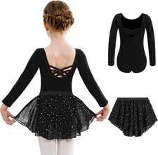 Arshiner Girls Ballet Leotards with Chiffon Dance Skirt Long 8-9 Years, Black