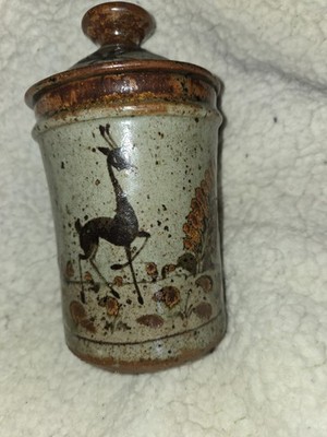 Pottery 6'' Lidded Canister Trinket Jar Speckled Glaze Deer With Trees No Cracks