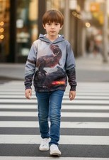 Boy's T REX Dinosaur Hoodie With Pockets Sweatshirt Back Front Print Size 8-10