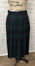 Kinloch Anderson Tartan Kilted Skirt Pleated Wool Green Plaid Sz 12 GB Buckle