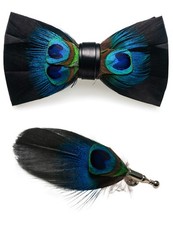 RBOCOTT Mens Handmade Feather Pre-tied Bow tie and Brooch Sets peacock blue/...