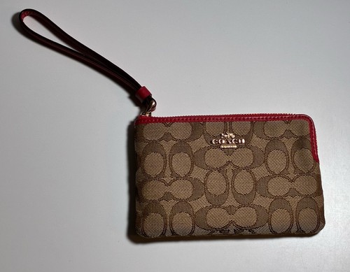 Coach Corner Zip Wristlet Signature Khaki True Red Leather F58033 NWT Gold Tone