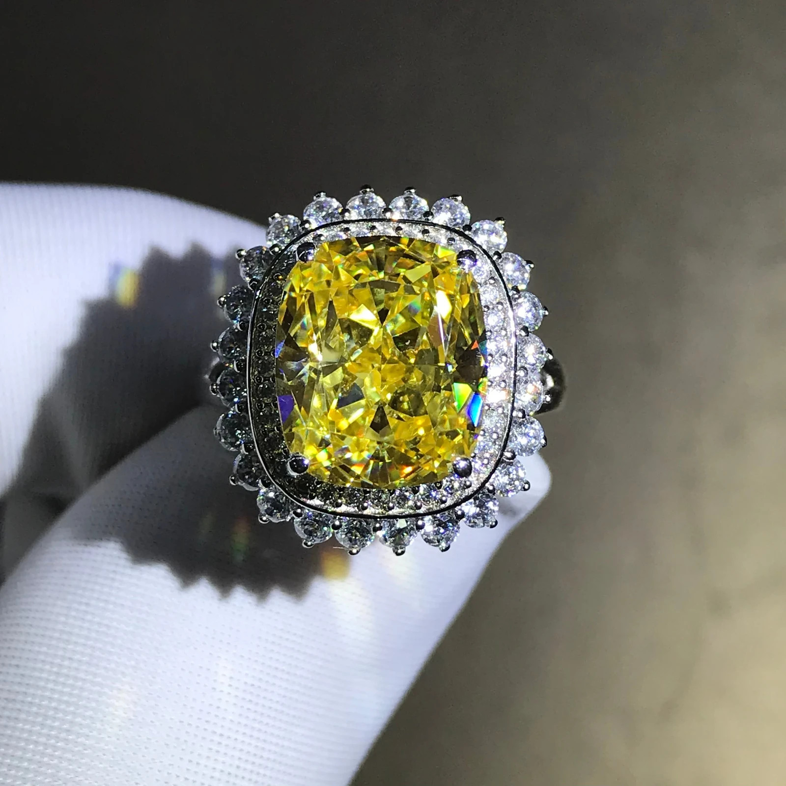 5ct Cushion Cut Vivid Yellow VVS Moissanite Halo Ring in 18K Gold