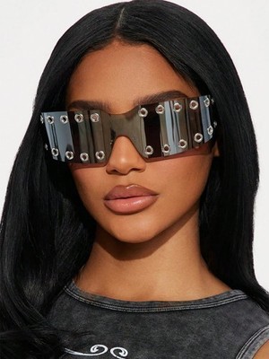 Rimless Studded Shield Sunglasses Women Punk Y2K UV400
