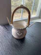 Artist-made And Signed Small Dish Bamboo Handle. Heart Design, Country, Cottage