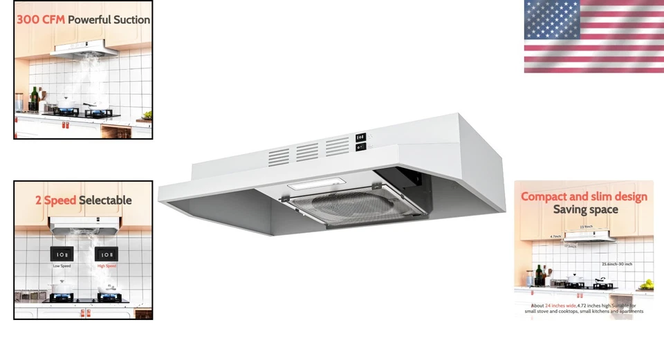 Versátil campana extractora debajo del gabinete de 24 pulgadas con luz LED y ventilador de doble velocidad Foto 2 de 4