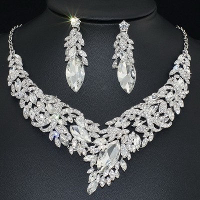 YT2215 Clear Rhinestone Crystal Earrings Necklace Set Bridal Wedding Party Gift