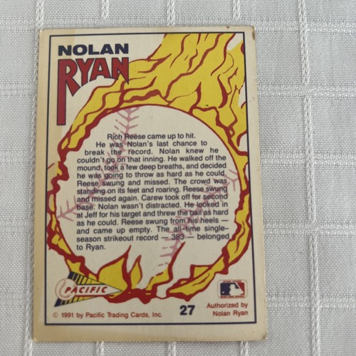 Tarjeta de béisbol Pacific NOLAN RYAN 1991 - récord de ponches de una sola temporada # 27 - Imagen 3 de 3