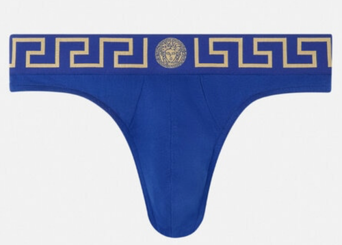 NWT Versace Greca Border Medusa Blue Greek Key Logo Thong Underwear 7 US XL $95 - Picture 11 of 24