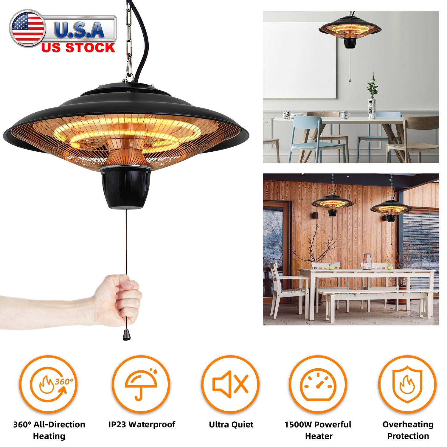 Electric Hanging Patio Heater Winter Warm Ultra Quiet Ceiling Lamp Outdoor