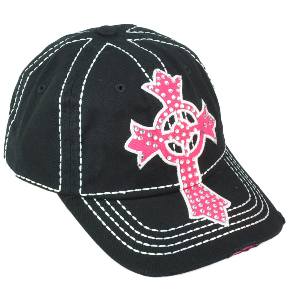 Rainbow Cross Womens Black Bling Distressed Curved Bill  display picture 1