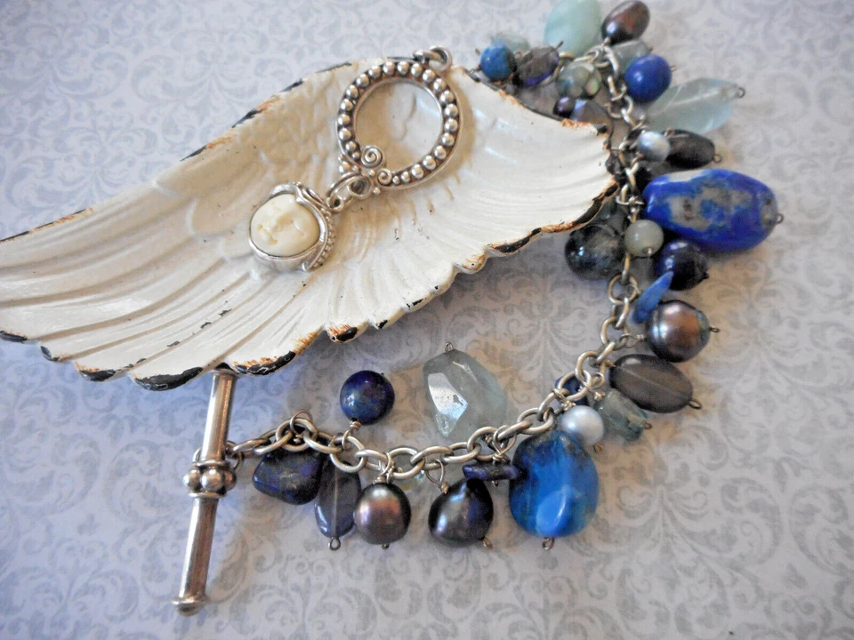 Sterling Oxidized Silver Sajen Moonface Lapis Pearl Quartz  Bracelet   Z5918 - Image 2 of 4