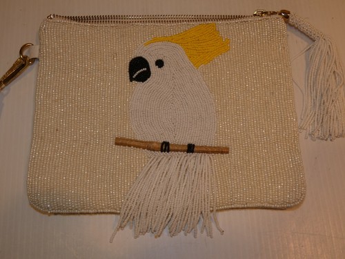 Chico's Large Wrist Bag, Beaded Front w Parrot Design, Zip Top Closure - Picture 2 of 6