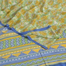 Sanskriti Vintage Saree Green Pure Crepe Silk Leaf Print Sari 5.5YD Craft Fabric