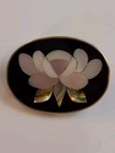 Vintage Silvertone Floral Mother of Pearl Black Lotus Enamel Brooch 1 inch