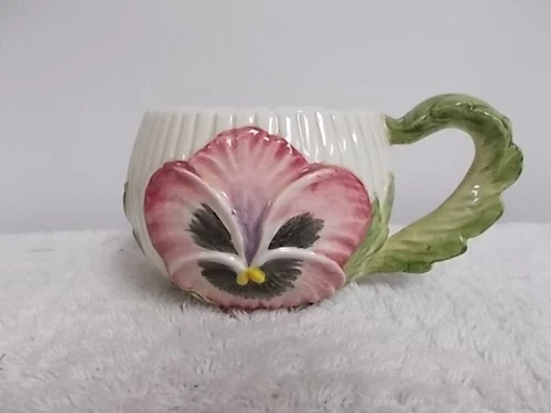Vintage Fitz & Floyd 3D Pink Flower Leaves Handle Ceramic Coffee Tea Cup Mug
