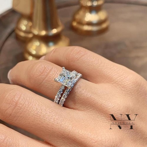 2.50 CT Princes Cut Moissanite Bridal Set Engagement Ring Solid 14K White Gold - Picture 2 of 12