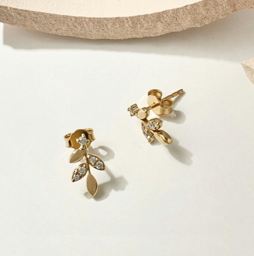 Leaf Earrings 14K Solid Gold Minimalist Stud earrings Dainty Flower Studs - Picture 2 of 18