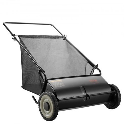 26 Inch Push Lawn Sweeper with Rubber Wheels 7 ft³ Mesh Bag and 4 Brushes